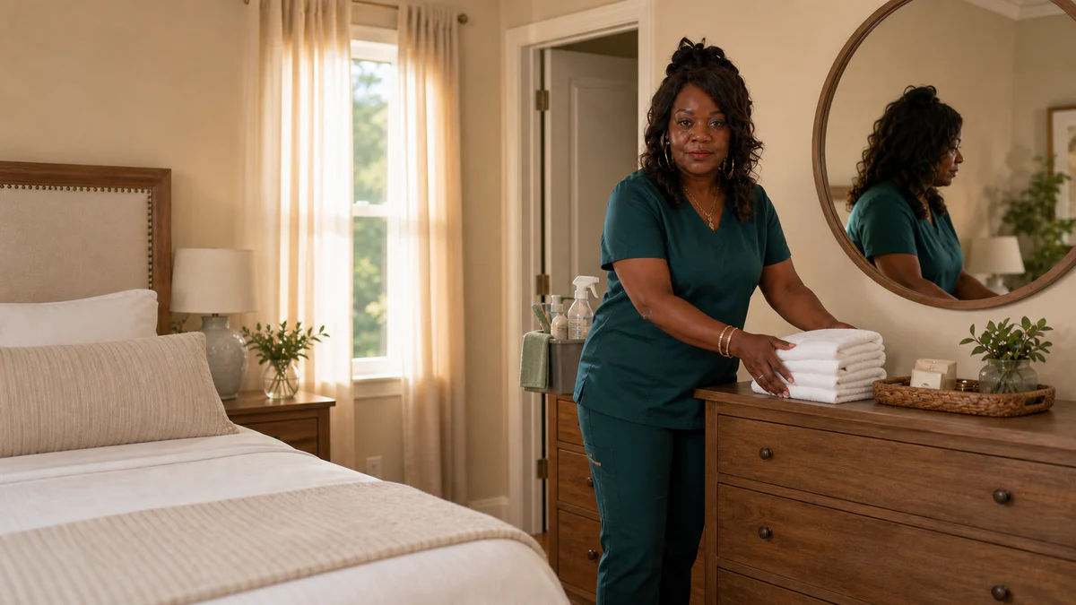 Majestic Cleaning professional preparing fresh towels for a guest-ready rental