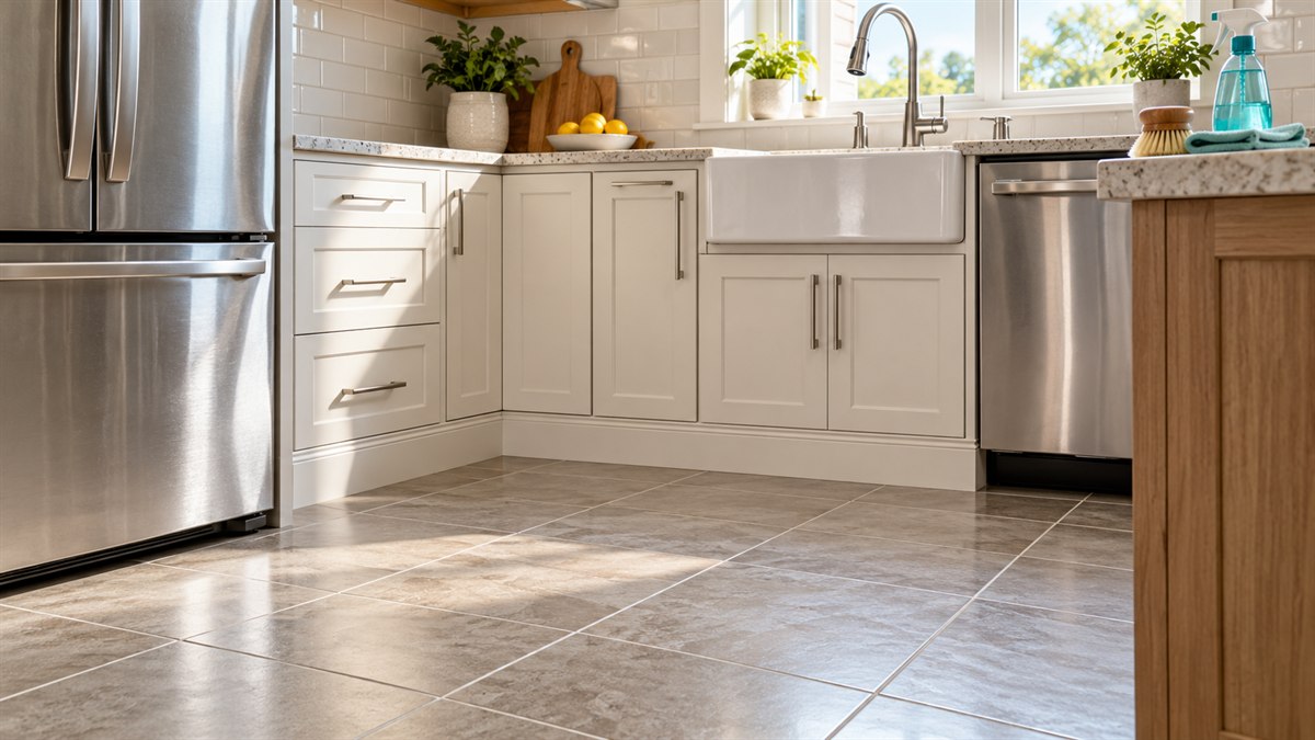 Deep-cleaned kitchen with spotless floors, baseboards, cabinets, and appliances