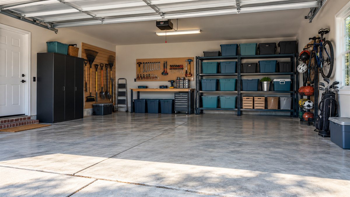 Organized residential garage with open parking space, shelves, tools, and storage bins