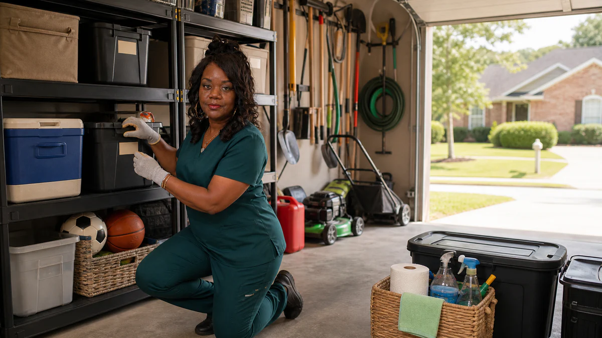 Majestic Cleaning professional arranging storage bins in a Denham Springs area garage