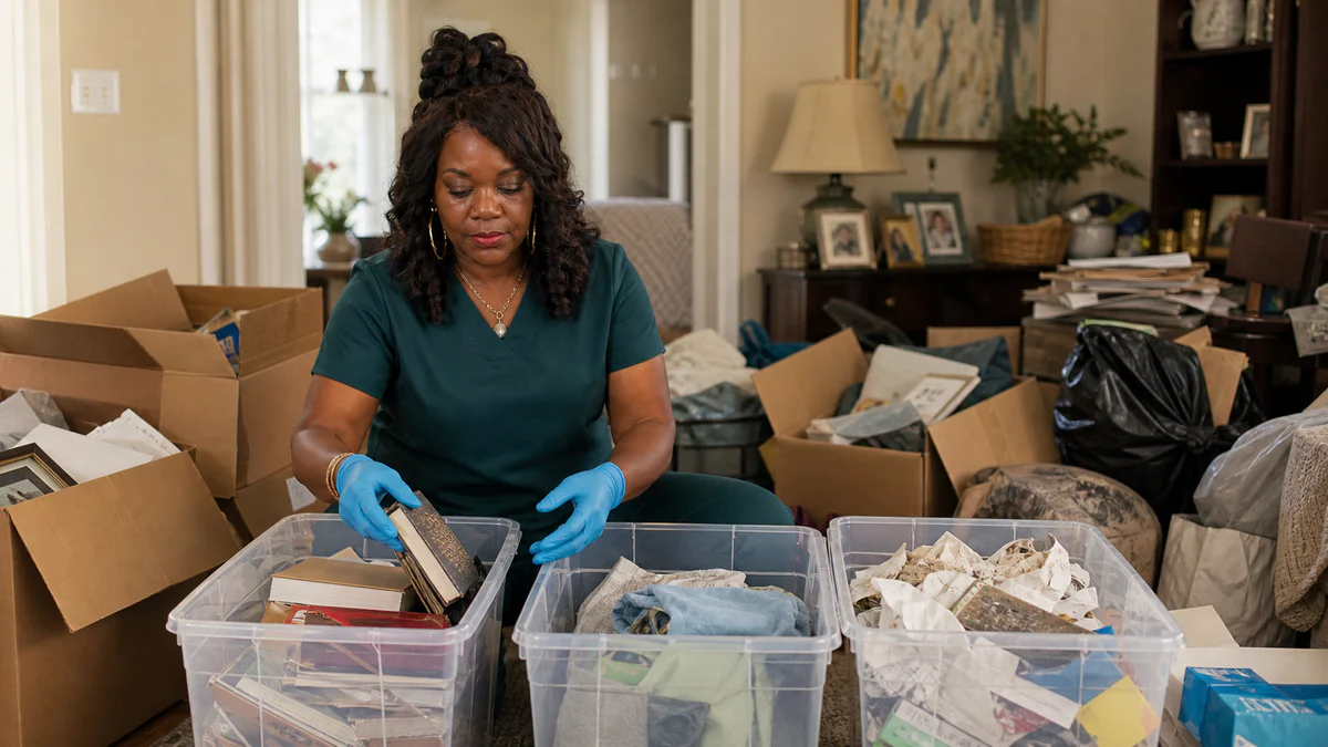 Majestic Cleaning professional sorting household items during a respectful hoarding cleanup