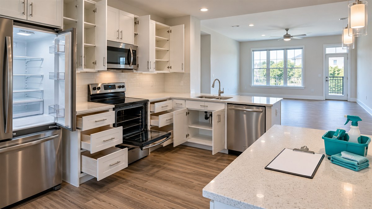 Empty move-out kitchen with clean cabinets, drawers, appliances, and floors