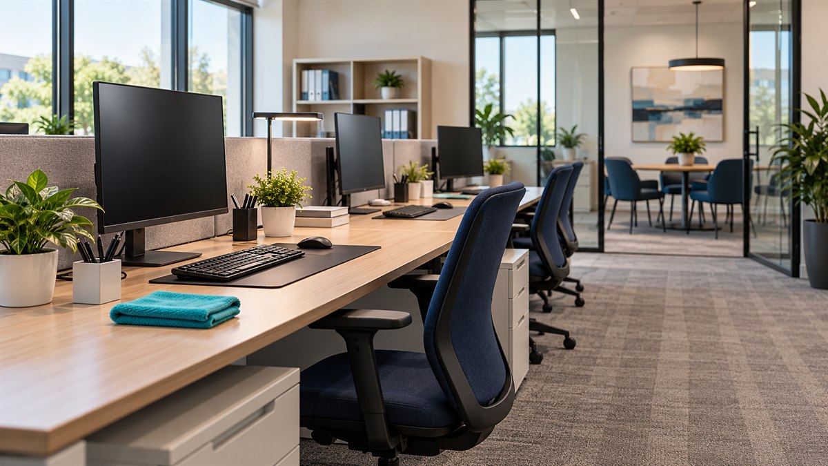 Clean office workstations with organized desks and freshly vacuumed carpet