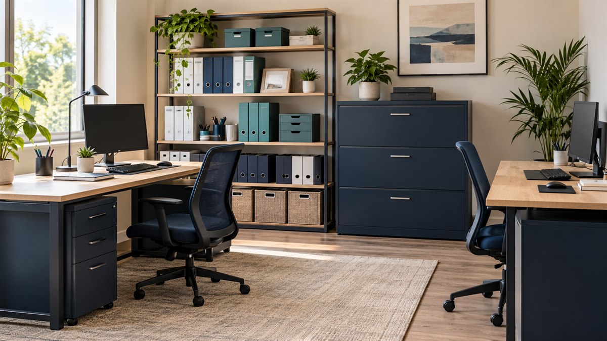 Organized office with tidy workstations, filing cabinets, and supply storage