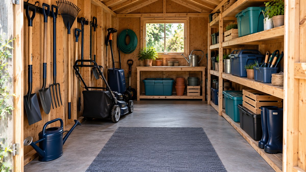 Organized garden shed with secure tools, clear shelves, and a swept walkway