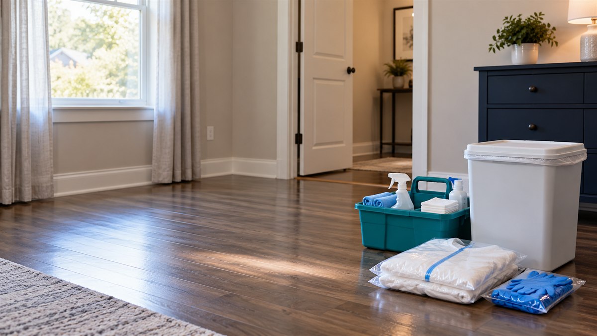 Discreet sanitized room with sealed supplies and a professional sanitation caddy